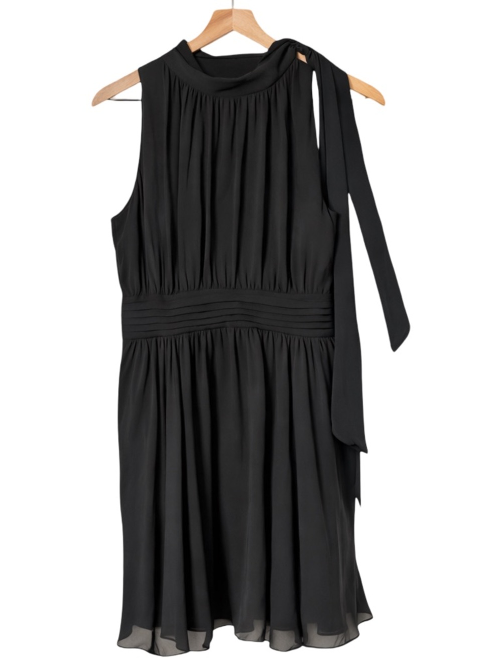 Banana Republic Black Silk Pleated‎ Tie Neck Fit Flare Dress Size 16